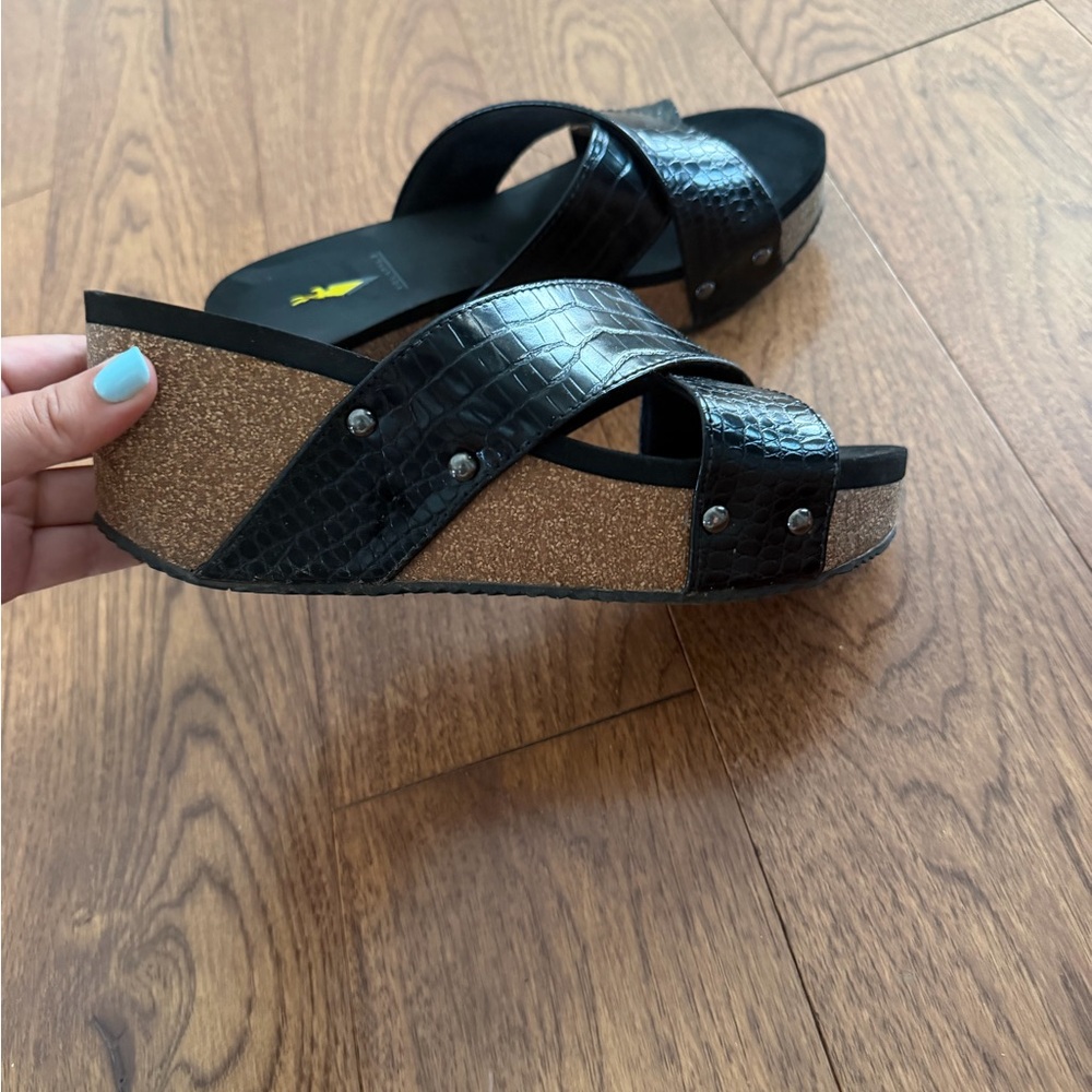 Volatile Black Croc-Embossed Cork Wedge Sandals